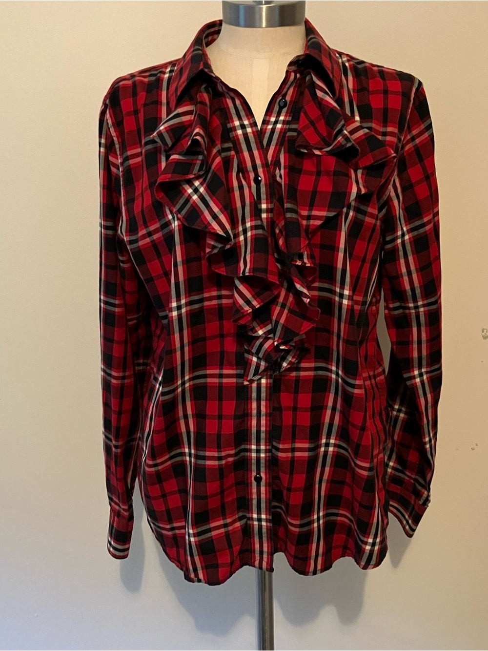 Lauren Ralph Lauren Women’s L Red Plaid Ruffle Front Button Shirt Blouse Holiday